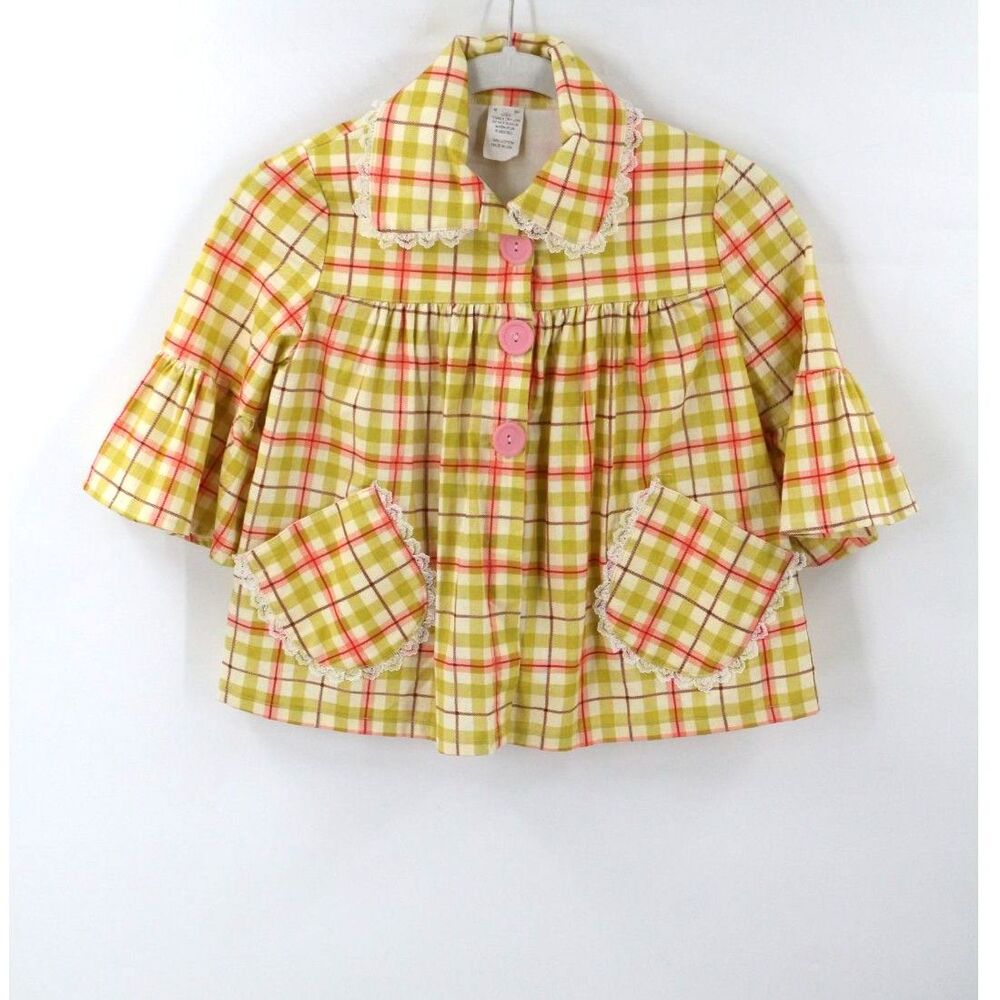 Girls Yellow Plaid Jacket Size 6 Asymmetric Pockets Made in USA 100% Cotton